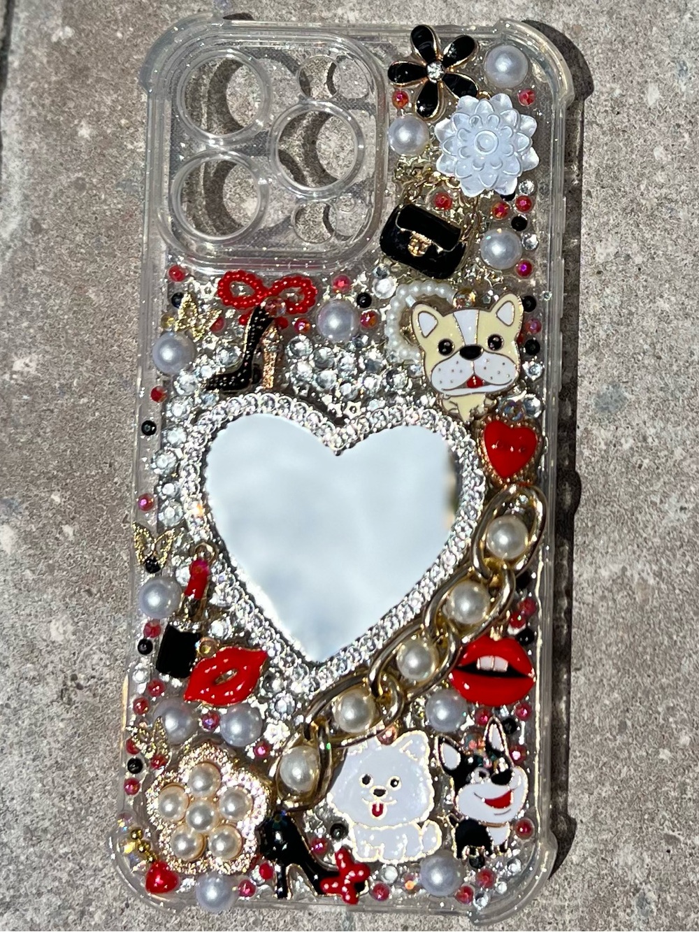 Handmade iPhone 16 Pro Max Bling Junk Phone Case with mirror and dogs